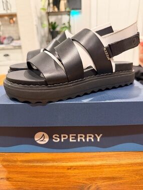 Sperry Black Platform Cross-Strap Slingback Sandals